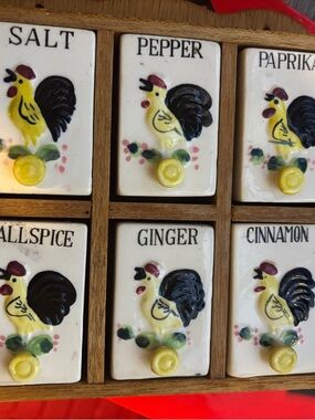 Vintage Ceramic Spice Drawer Tiles with Rooster Motif - Yellow & Black